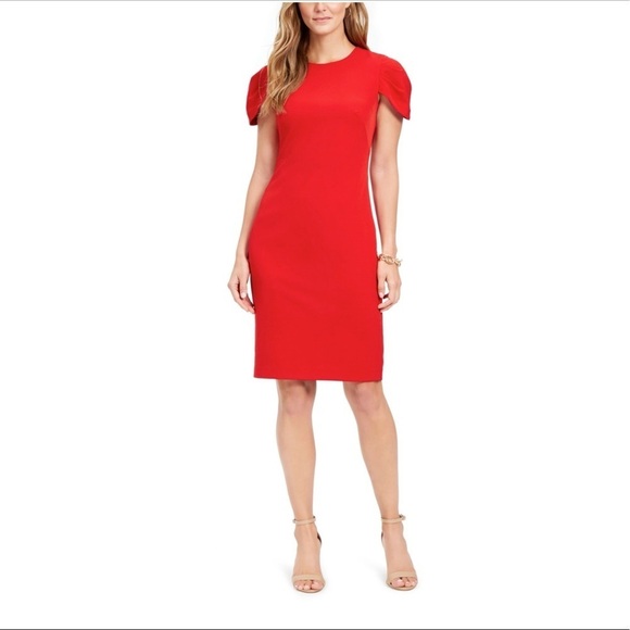 [Vince Camuto] Pleat Cap Sleeve Crepe Sheath Dress - Picture 1 of 12